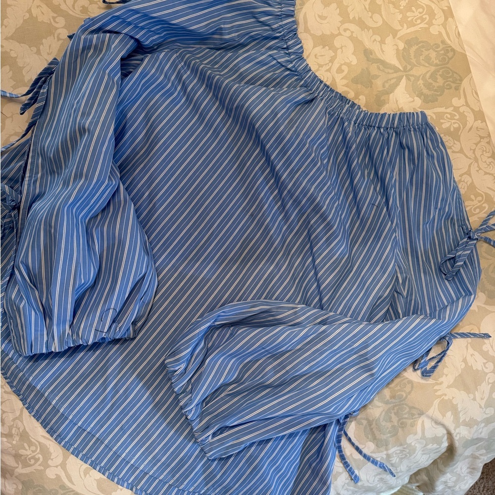 Blue Striped Off-Shoulder Tie-Sleeve Blouse